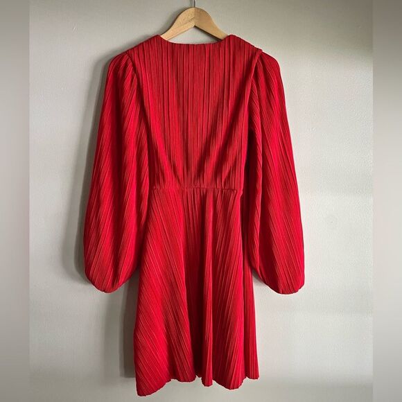 H&M Red Pleated Faux Wrap Dress XS – Balloon Sleeves Party Holiday Cocktail - Picture 7 of 7